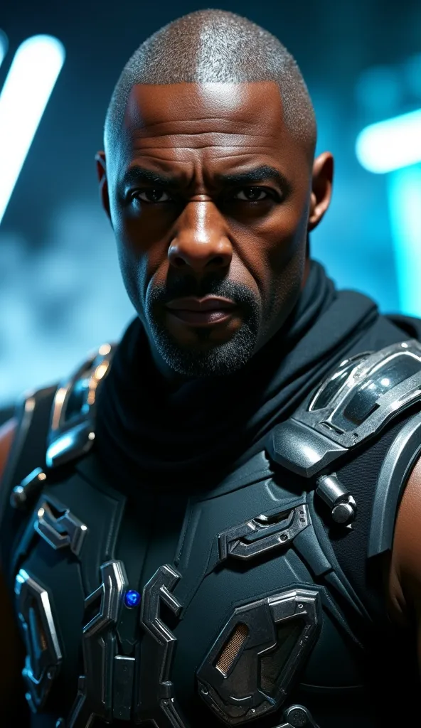 Here is a detailed prompt to generate an image ** super realistic** do Lance Reddick como **Jax**, with shaved hair, focused on **upper body**, with brilliant mechanical arms and impactful details, and a realistic background: --- **"Close-up hiper-realista...