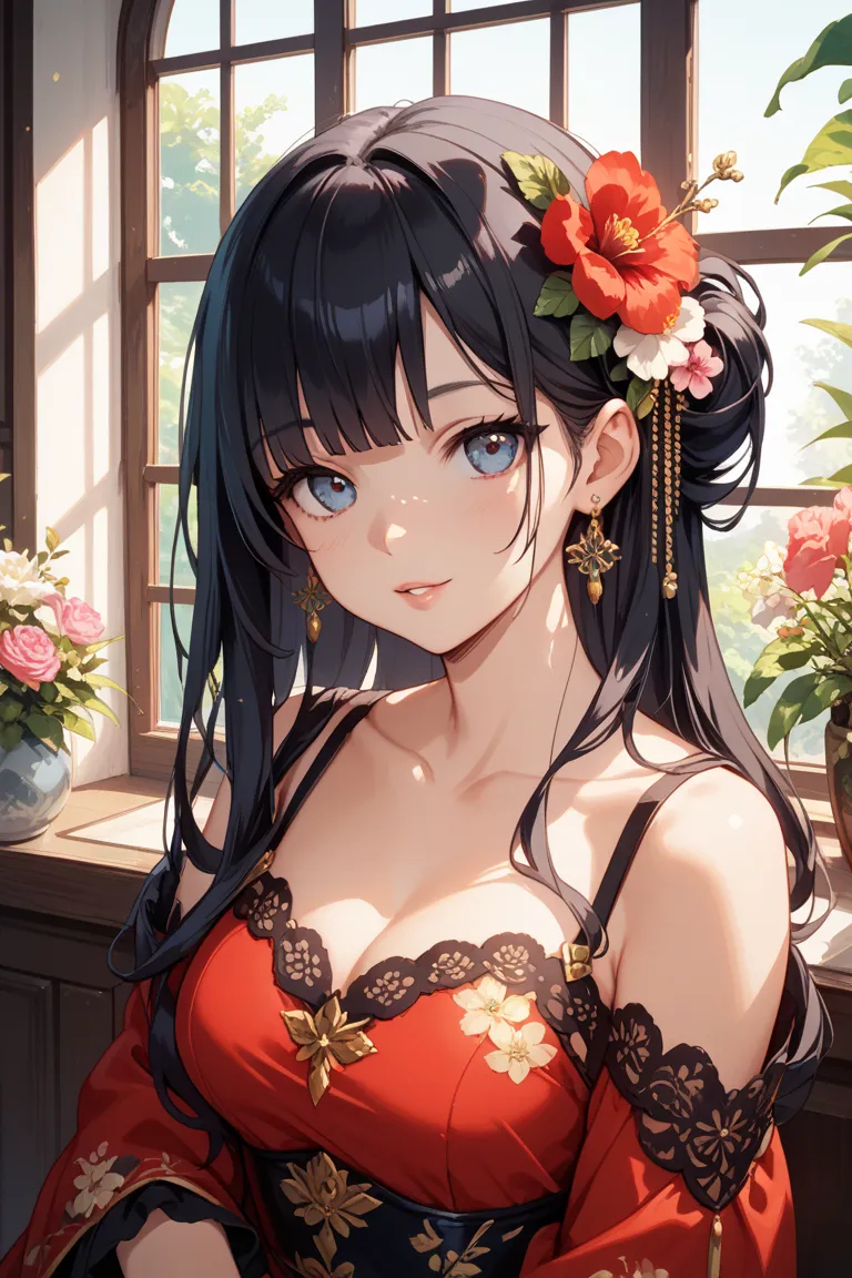 a bust of a black haired female near a window wearing a flowery red dress, 1girl, solo, flower, hair ornament, black hair, hair flower, looking at viewer, bangs, collarbone