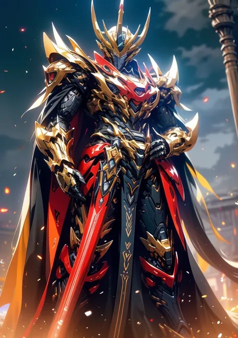 super wide shot, Full body frontal photo,Mecha male warrior，The heroic demeanor of the Three Kingdoms,《Mech color: Red and dark series》，（《Romance of the Three Kingdoms》，《Lü Bu》，Holding Fang Tian's halberd in his hand，），（Full body mecha）, Keqing from Genshi...