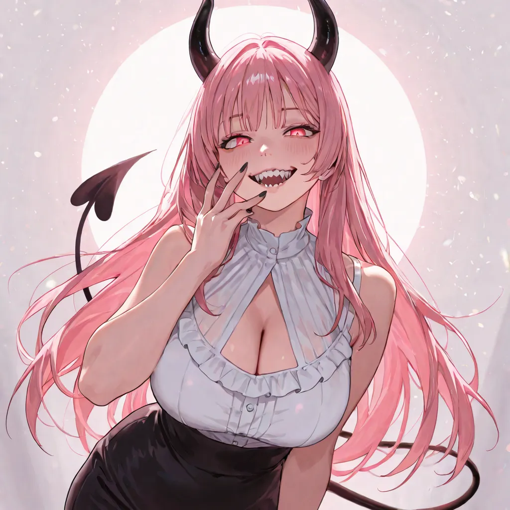 1 woman, mature female, mature face, sharp looks, sharp face, long light pink hair with bangs, the eyes are hot pink, a white sleeveless blouse with a deep neckline, black demon horns, black demon tail, with a super big smile on her face showing her pointy...