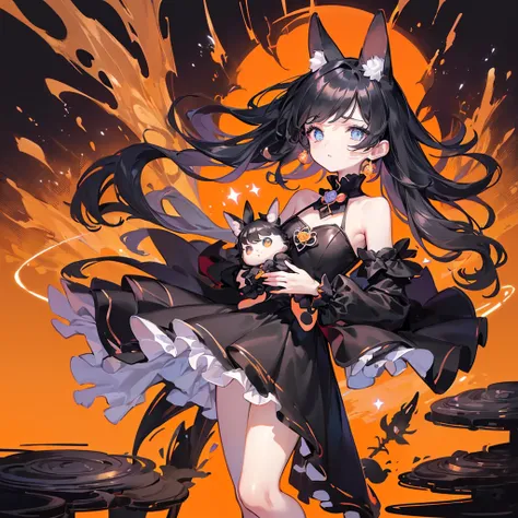 beauty、orange neon color background、 black clothes 、 pretty face、baby face、((( detailed eyes 、 droopy eyes )))、  long sleeve with flared cuffs  、 Shoulder-Out、 one-piece flared skirt 、 holding a stuffed rabbit in one hand、black and light blue socks 、Gothic...