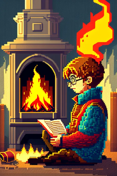 Harry Potter sitting reading a book, fireplace with fire,  pixel art style

