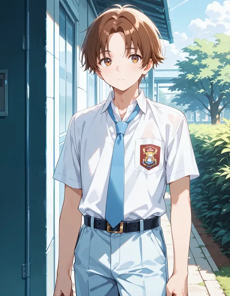 Masterpiece, hd, best quality,1boy, kiyotaka_ayanokouji, brown hair, brown eyes, short hair, bangs, parted bangs, Indonesia high school uniform, wearing white collared shirt, short sleeves, light blue trousers, long pants, light blue neck tie, pocket, scho...