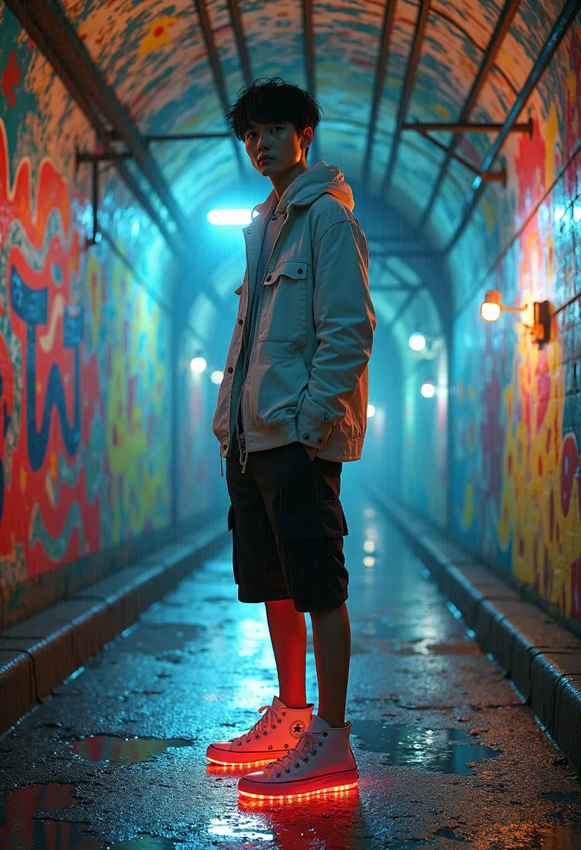 fractal elegance gothic red yellow blue green, handsome Korean young man, 30 years old, smiles faintly. Short black hair, wearing a white jacket, black cargo shorts, light-up white high-top Converse shoes, nighttime background in a tunnel full of graffiti ...