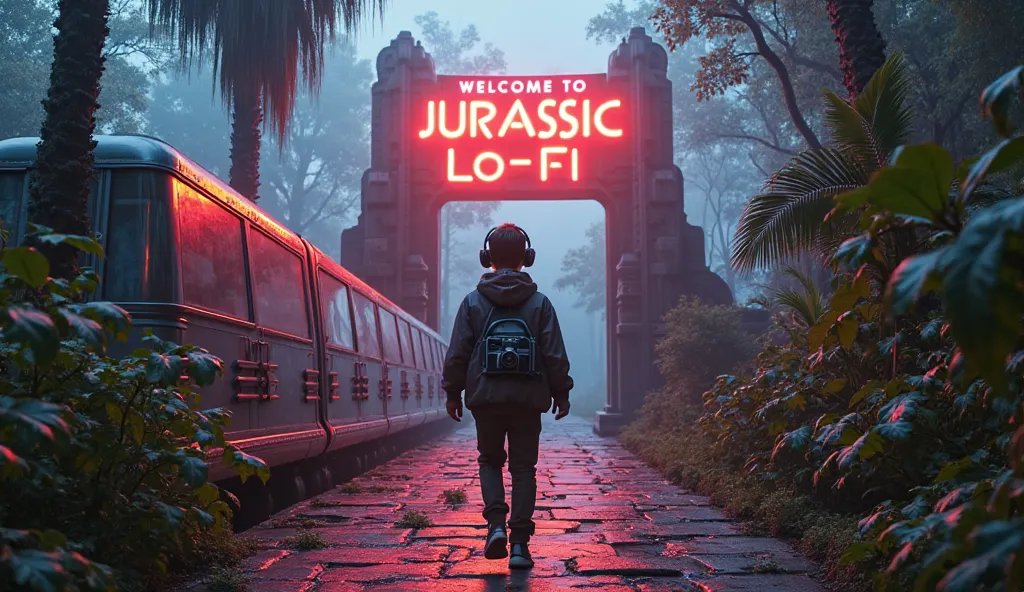 "A young visitor steps off a sleek, retro-futuristic monorail, bathed in the soft glow of neon lights. He wears oversized headphones, a vintage bomber jacket, and carries a classic film camera, capturing the nostalgic beauty of Jurassic Lo-Fi Park. Towerin...