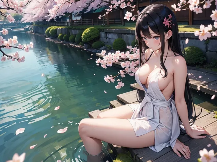  sitting on top of the cloth and pulling the Taishogoto、completely naked women、Cherry blossoms are blooming on the bank 、long black hair、big breasts、 Slim waist