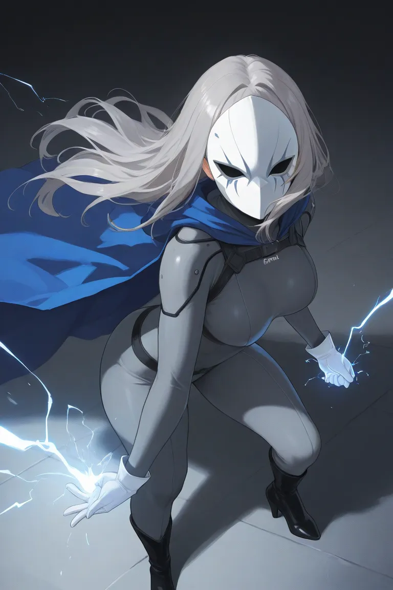 high resolution, masterpiece, necessary, detail, best quality, quality, necessary, details, High details, Precise, 
 
1girl_ ufotable style, ufotable anime

(Solo) faceless, mask covered face, white mask with black eyes, grey hair, long hair, blue long cap...