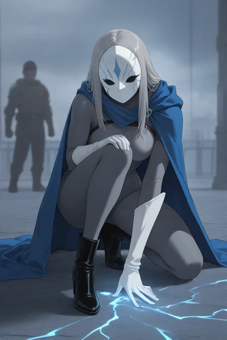 high resolution, masterpiece, necessary, detail, best quality, quality, necessary, details, High details, Precise, 
 
1girl_ ufotable style, ufotable anime

(Solo) faceless, mask covered face, white mask with black eyes, grey hair, long hair, blue long cap...