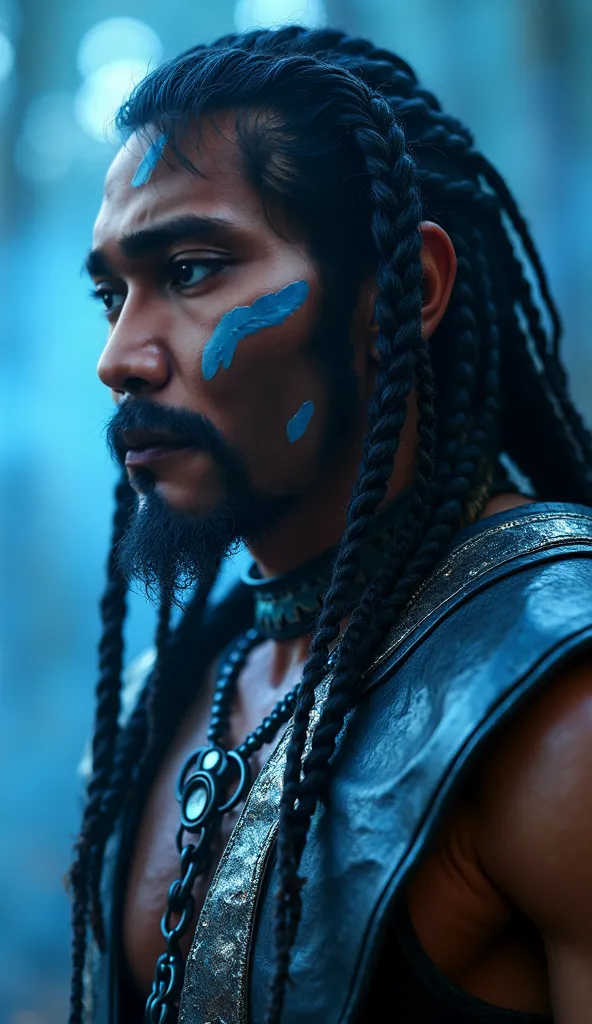 Here's a detailed prompt to generate a super realistic image of Danny Trejo as Nightwolf, in her shiny and metallic outfit,  blue and black details , games and the face painted blue and black, focused on the upper body: "Close-up hiper-realista do Danny Tr...