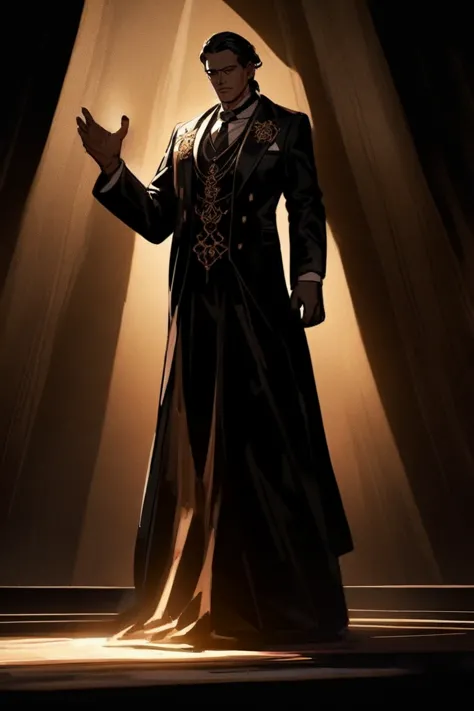 Create a man looking like this in a noble black suit with shining eyes and wrists with runic tattoos