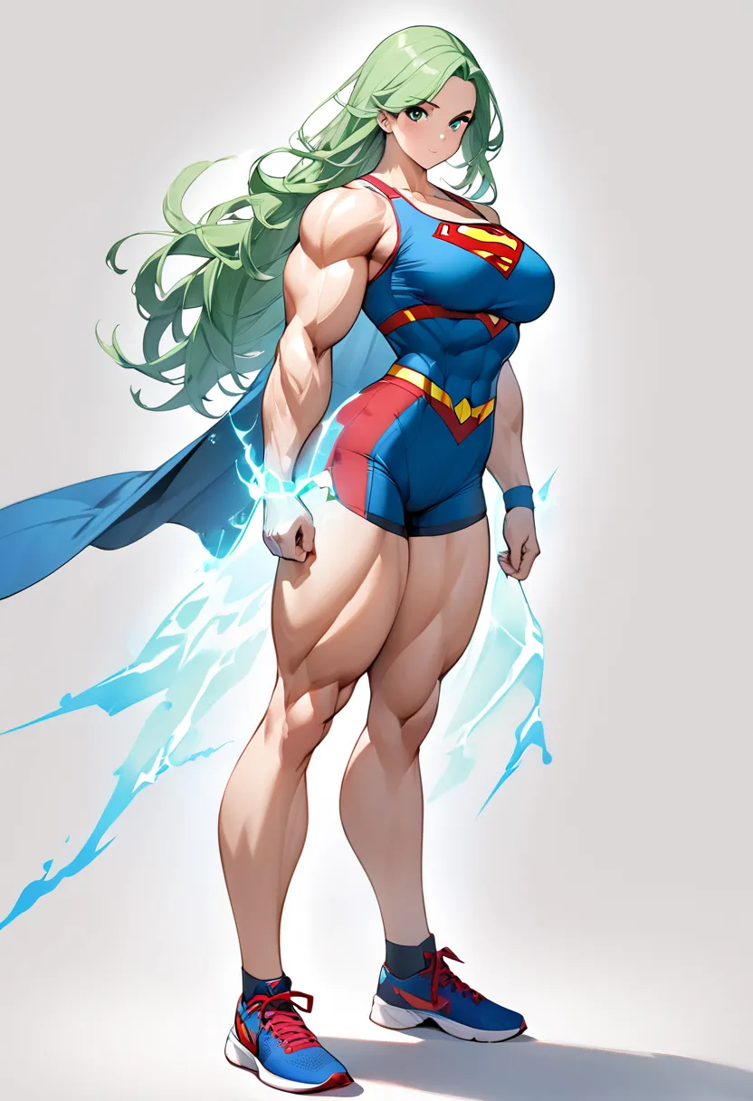 Top quality, full body, standing, from front,looking at viewer, simple background. pretty girl、Superman,Green colored hair、 long hair、 all back、 sports bra 、 Shorts、,large breasts, muscular_female,Wear an aura、