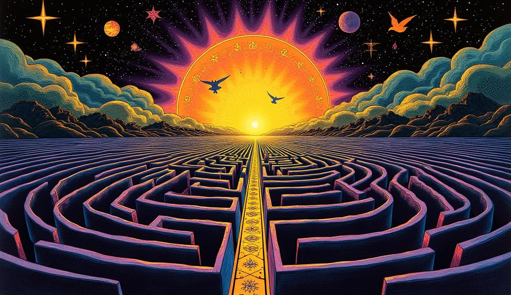 psychedelic cosmic, oniric, fluid, ethereal,alex gray, Robert crumb, Hiroshi Nagai, paul laffoley, Magnificent, mystical,,
 psychedelic illustration,  alchemy (colors: purple, yellow, blue, green, orange, black)

This artwork features a vast maze intricate...