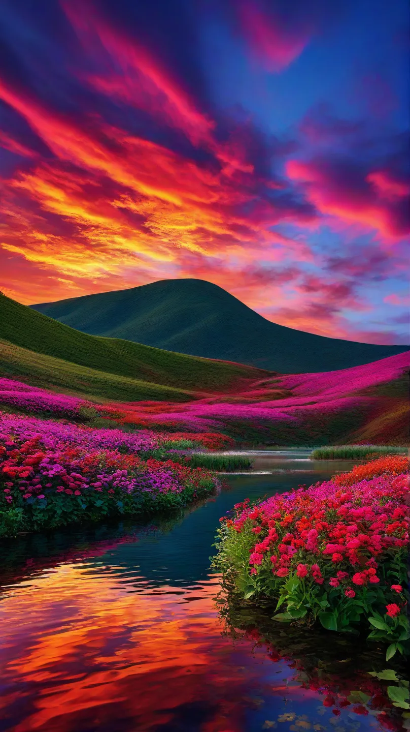 Have a beautiful sunset, The hills are covered with flowers and plants., The flowers are approaching, Colorful sky, Surreal colors, Colorful sunset, Colorful sky, Beautiful sky reflection, Beautiful sky, Fantastic atmosphere 8K, Multicolored clouds, Colore...