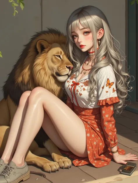 (realistic on the hand, Detailed and perfect anatomy,  highest resolution, top quality, 8k), (a precise hand),  full body shot, beautiful girl with lovely boobs with a butterfly pattern, silver hair on the floor, silver eyes, A shirt with a colorful patter...