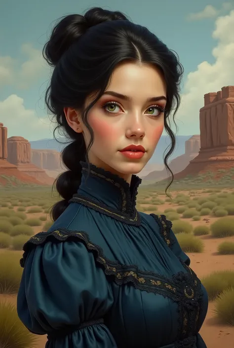 1875, southern lady, black hair, green eyes,  feminine dress, wild west, wears her hair tied up,  dark blue victorian dress