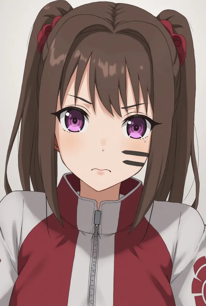 Brown-haired girl tied in with ponytails, light violet eyes,  pale skin , Bandita on the left cheek, serious expression. Red and white jacket with the Hyuga symbol (naruto: boruto next generations style.)