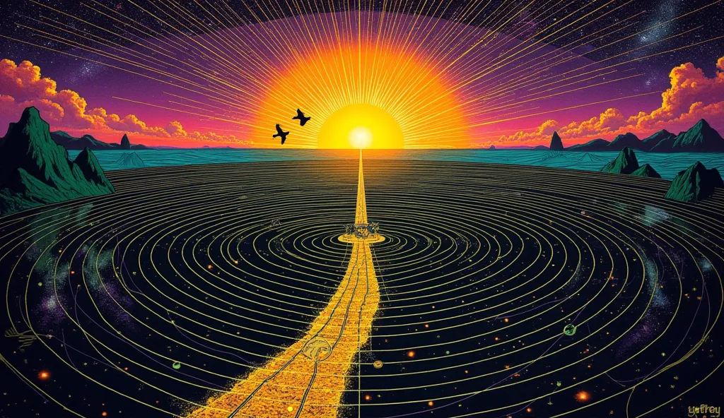 psychedelic cosmic, oniric, fluid, ethereal,alex gray, Robert crumb, Hiroshi Nagai, paul laffoley, Magnificent, mystical,,
 psychedelic illustration,  alchemy (colors: purple, yellow, blue, green, orange, black)

This artwork features a vast maze intricate...