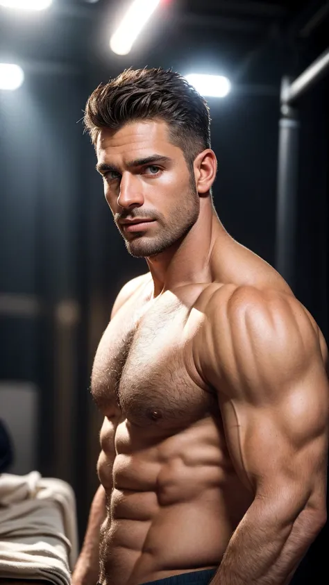 (photorealism:1.2), young man !40-year-old handsome man, Off-white short hair , stubble, charming eyes, Muscle Development, white shirt, Dramatic Appearance , Model Appearance , Furry Chest , portrait, 【8k, Best Quality, masterpiece. Extremely realistic（Ch...