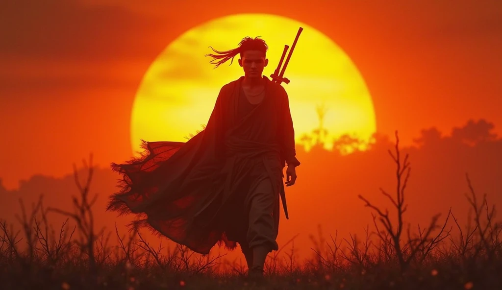 (photorealism:1.2), Wide shot. A Javanese man, a young warrior, 20 years old, sturdy with a thin face, wearing a long, worn black robe, a shabby headband, and a sword on his back. His eyes are sharp. He steps out of the place of detention, with the sunset ...