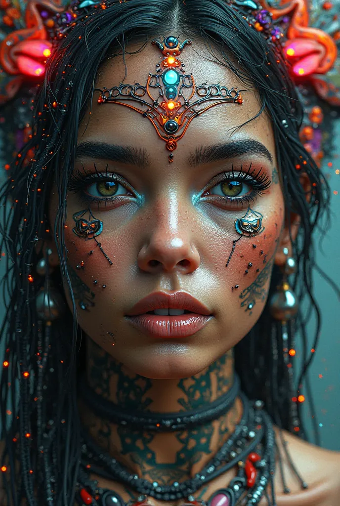  Tattoo design , Of an indigenous Brazilian woman's face mixed with Cyber Punk