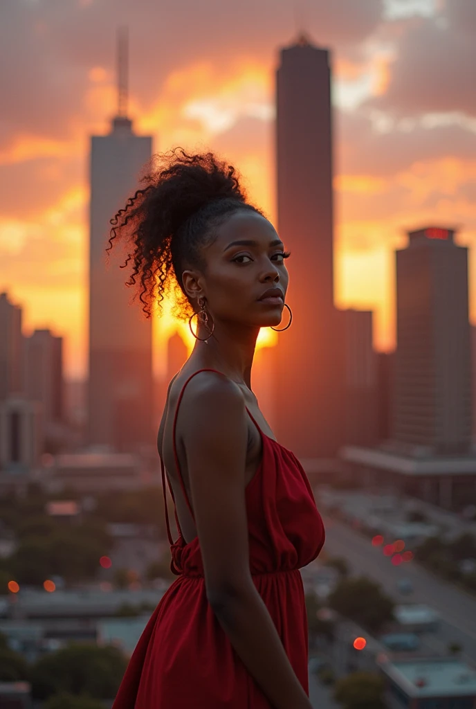 A captivating evening in Dallas, with the skyline bathed in golden hour light. In the foreground, a beautiful brown-skinned woman stands, exuding confidence and grace. She’s wearing an elegant, flowing dress that catches the breeze, her eyes looking into t...