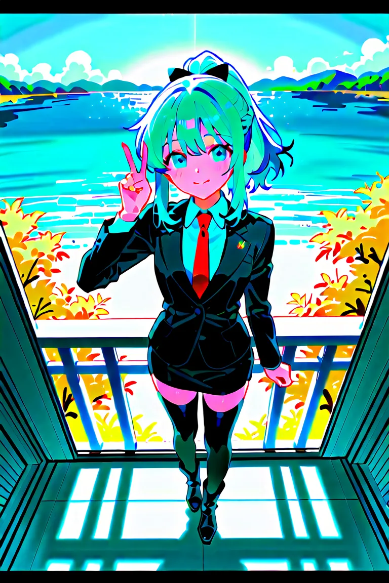 1girl,(top view),middle_hair,(lake view),(anime), long sleeves, ((business suit costume)),boots,(braid:0.8),:d, (skirt:0.8),(ponytail:0.9),smile,v, (Thighhighs:0.9),closed mouth, orange,blue,green,yellow,(black),[purple],emerald,silver,(emerald),[pink],red...