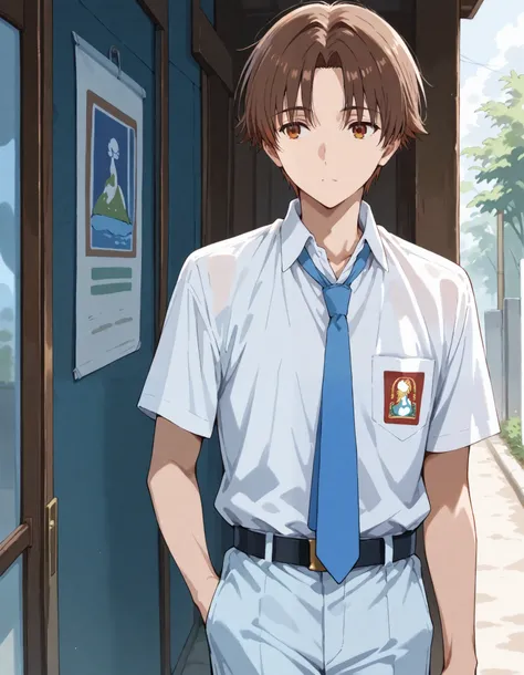 Masterpiece, hd, best quality,1boy, kiyotaka_ayanokouji, brown hair, brown eyes, short hair, bangs, parted bangs, Indonesia high school uniform, wearing white collared shirt, short sleeves, light blue trousers, long pants, light blue neck tie, pocket, scho...