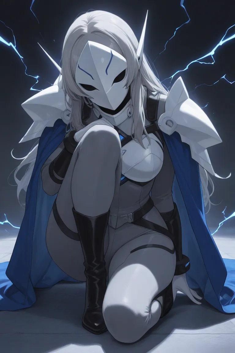 high resolution, masterpiece, necessary, detail, best quality, quality, necessary, details, High details, Precise, 
 
1girl_ ufotable style, ufotable anime

(Solo) faceless, mask covered face, white mask with black eyes, grey hair, long hair, blue long cap...