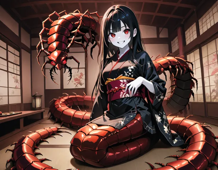 Lamia style girl. Fusion with a centipede. Black centipede body. Red insect legs. giant. Black costume. Japanese kimono dress. Red eyes. Black hair. Straight hair. Neat bangs. Grin. White skin. Japanese house. Indoors. look up.