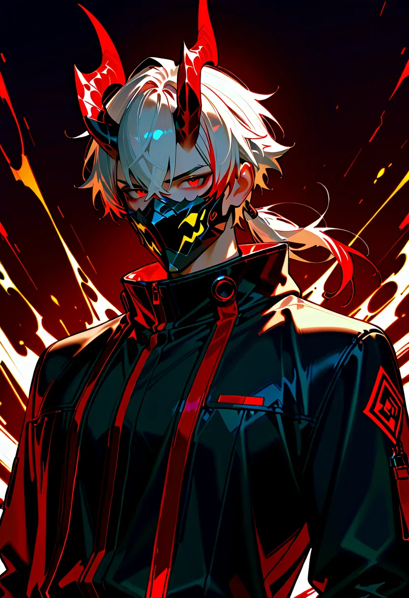 1 man, white hair with red highlights, red eyes, handsome face, dragon horns, wearing a black mask, wearing black clothes