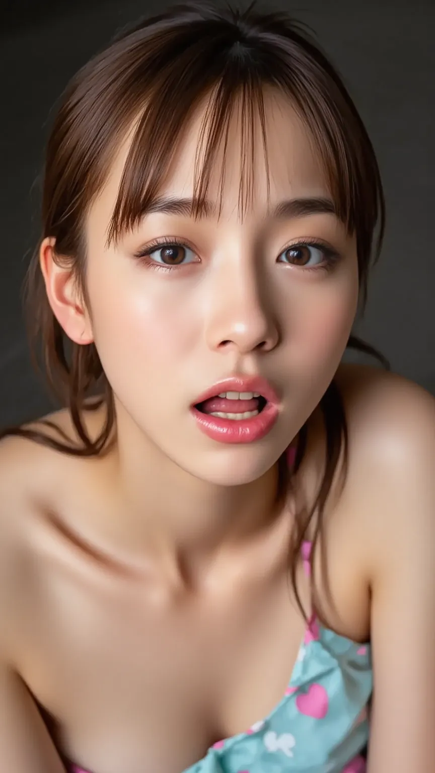   ultra-realistic skin texture 、  Ultra High Definition 、light blue pillow with pink heart pattern、Dark indirect lighting with an erotic atmosphere、An image of the face of a  sleeping on her back on the bed from above、facial super close-up、 is naked、random...