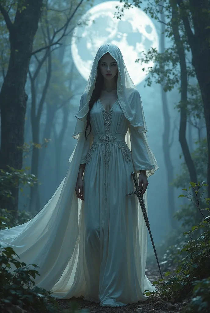 Gothic style woman wearing white dress and hood in a full moon forest with a sword in her hand