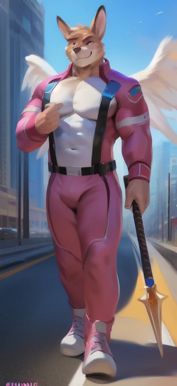  alone, male Tall​,huge​ body​, stand,Holding the magic staff of an angel.,angel Two wings long, road,Pink bear kangaroo ,  pink military spacesuit commander ,  heavy overload,  muscle bundle, Smirking ,by chunie ​