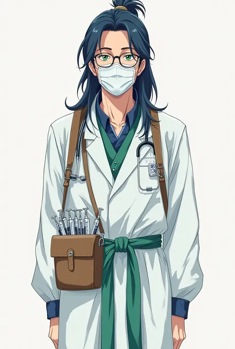 create a full body illustration in a simple anime style of a 35 year old man, long dark blue hair tied up, serious green eyes, he has wrinkles around his eyes that are not very pronounced but framing his eyes. he wears a medical mask. very thin glasses. he...