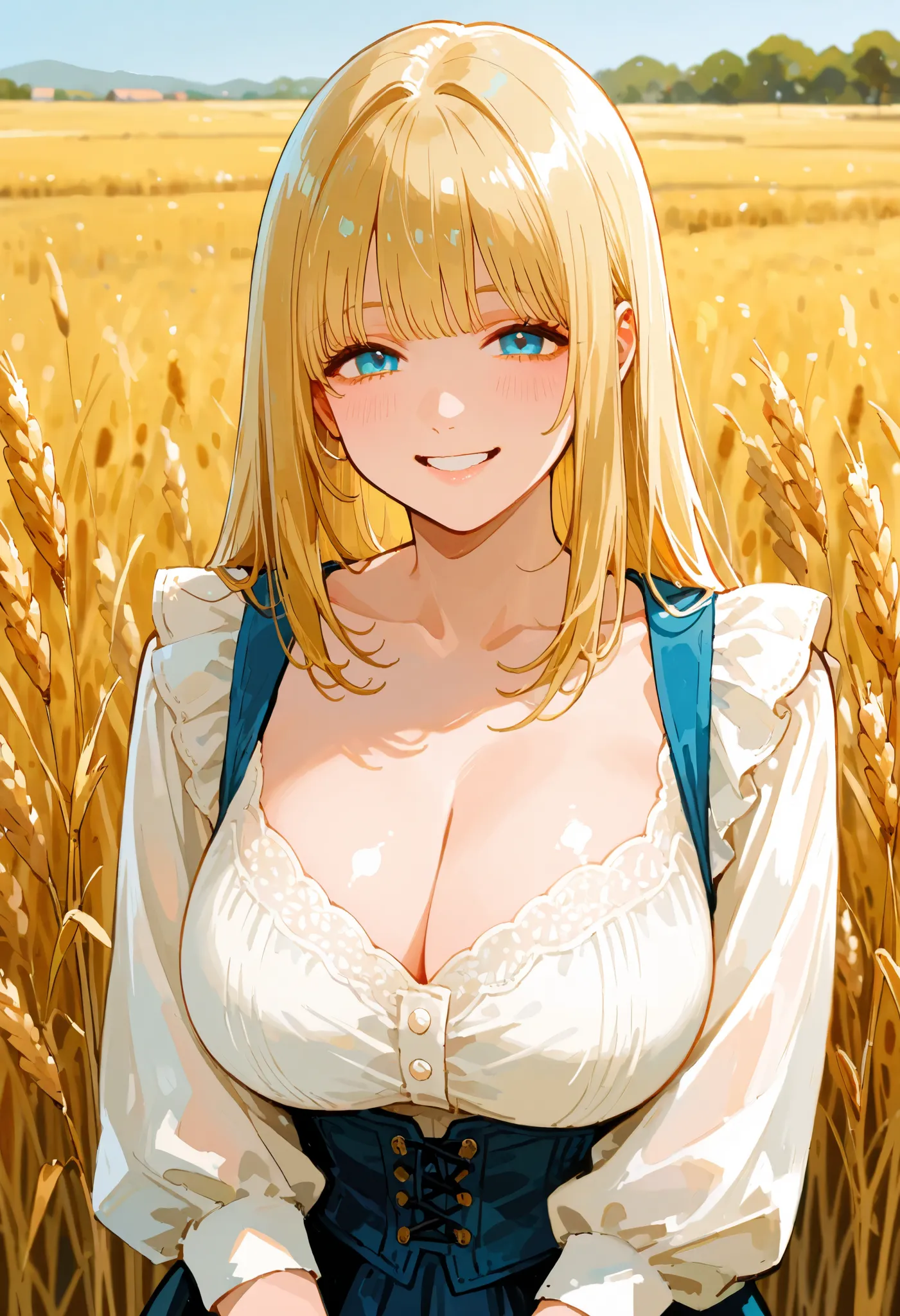 Fifteenth-century peasant woman with big breasts smiling and looking at the viewer in a huge wheat field