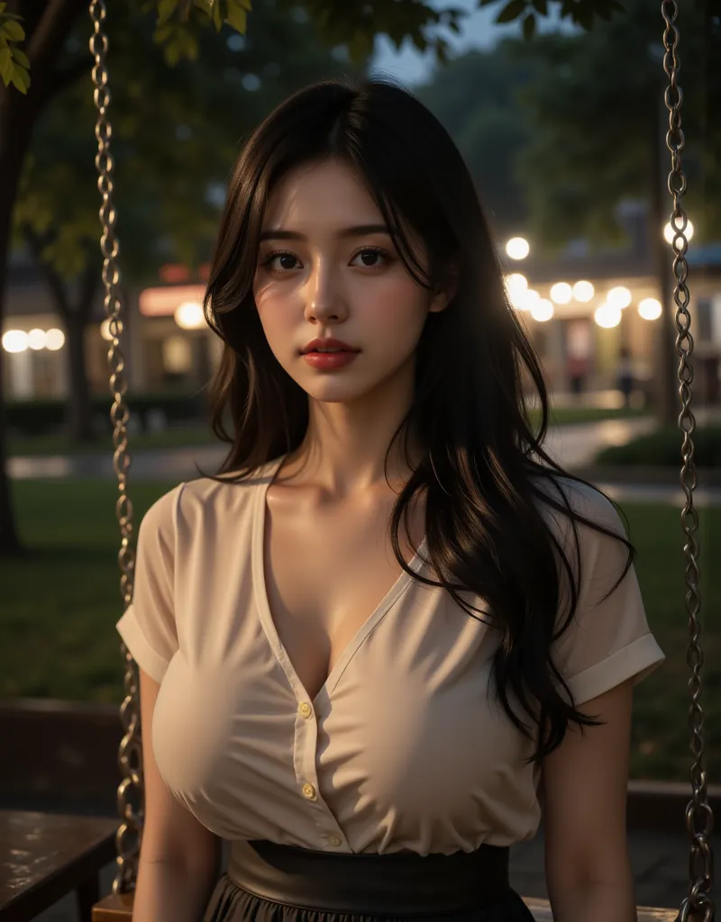 (A super sexy Korean female teacher is standing in front of a swing in an illuminated park at night wearing clothes wet from the rain:1.2)(Grinning,Spreading smiles)(Beautiful Makeup:1.1)(16k,  RAW photos , Best Quality, masterpiece: 1.2)(Black wavy long h...