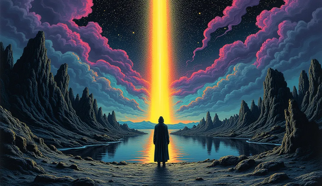 psychedelic cosmic, oniric, fluid, ethereal,alex gray, Robert crumb, Hiroshi Nagai, paul laffoley, Magnificent, mystical,,
 psychedelic illustration,  alchemy (colors: purple, yellow, blue, green, orange, black)

The scene represents a cloaked figure stand...