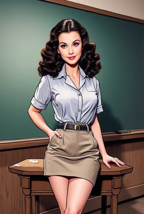 (masterpiece:1.2, Best Quality),8k, wallpaper,((Marvel Comic art, thick outline, flat color:1.3)),(Vivien Lee as school teacher), Front, ((looking at camera kindly, standing by the blackboard in the classroom, beautiful legs)), perfect eye,detailed face, k...