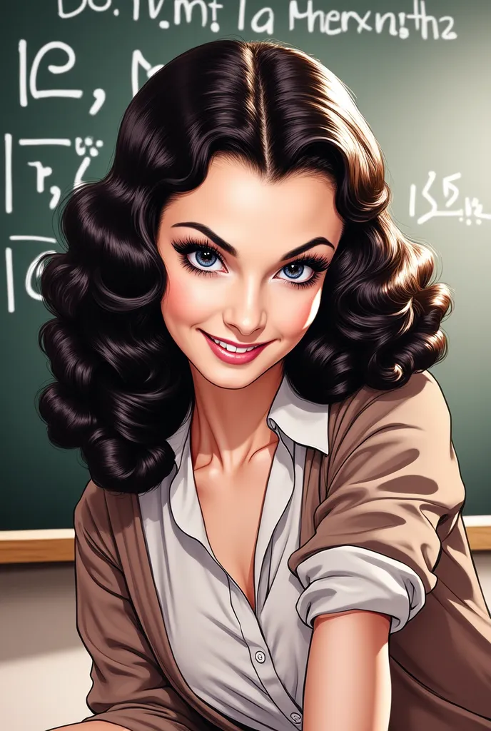 (masterpiece:1.2, Best Quality),8k, wallpaper,((Marvel Comic art, thick outline, flat color:1.3)),(Vivien Lee as school teacher), Front, ((looking at camera kindly, standing by the blackboard in the classroom, beautiful legs)), perfect eye,detailed face, k...