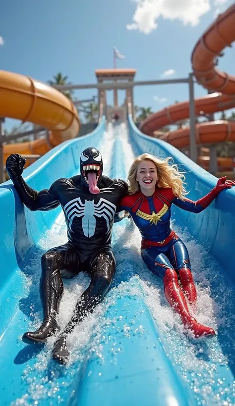 "Venom in his black suit with white spider emblem and sharp teeth and Captain Marvel in her blue-and-red suit with a gold star emblem slide down a blue water slide at a water park. Venom has a muscular physique, his tongue out and arms raised, while Captai...