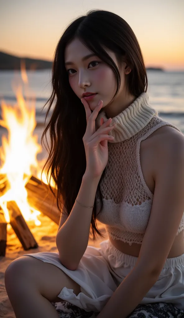 (( A horizontal photo of a woman sitting and warming herself by a campfire、Picture staring at a bonfire、Twilight beauty、One-sided medium hair with beautiful wavy black hair over one ear、slim and small buttocks、Poses that emphasize buttocks and thighs、gestu...