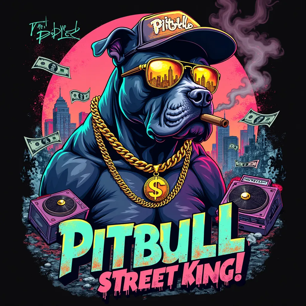 A bold, high-energy, hip-hop inspired graffiti-style digital illustration of a muscular Pitbull, embodying the raw essence of urban street culture. The Pitbull has a strong, intimidating yet stylish presence, wearing a gold chain with a massive dollar sign...