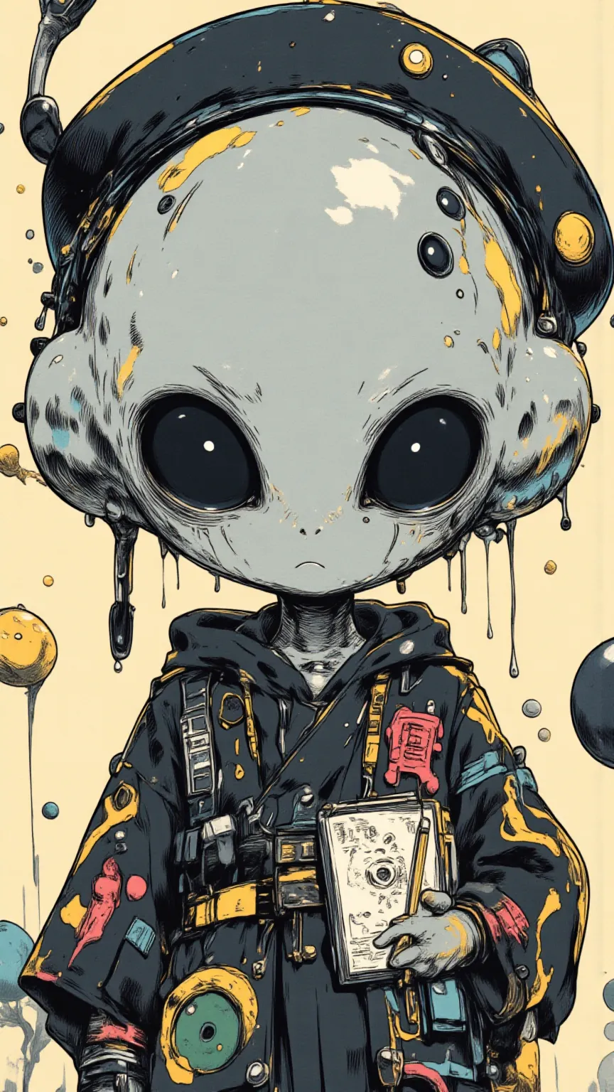 ultra-detailed painting inspired by anime characters {x} Japanese school gray type alien transfer student,Grey Skin,big black eyes（Almond-shaped）, petite figure（'s height）black Japanese school uniform and school cap,The head is big、is a small hole in the n...