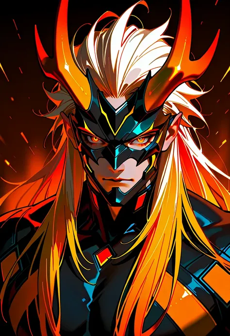 1 male, white hair with orange highlights, orange eyes, handsome face, dragon horns, wearing a black mask, wearing black clothes