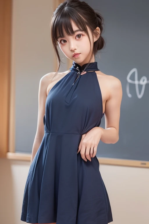  Detailed Realistic ,   solo Japanese girl   , (very cute young face:2.0), ( short height:1.6), (Petite Hips  :1.4), (Detailed school dark blue dress:1.7), ( undressed around shoulders:1.5), detailed skin, (young breasts:3.7), (flat chest:3.7), (Thin chest...