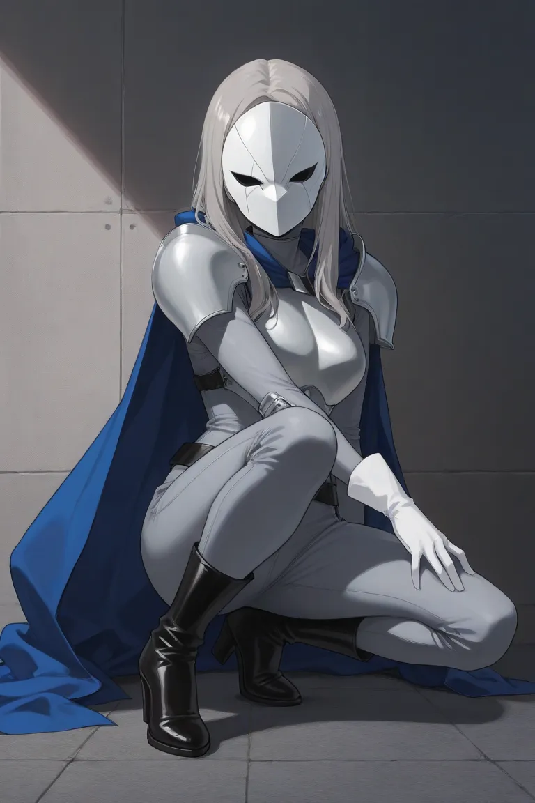 high resolution, masterpiece, necessary, detail, best quality, quality, necessary, details, High details, Precise, 
 
1girl_ ufotable style, ufotable anime

(Solo) faceless, mask covered face, white mask with black eyes, grey hair, long hair, blue long cap...