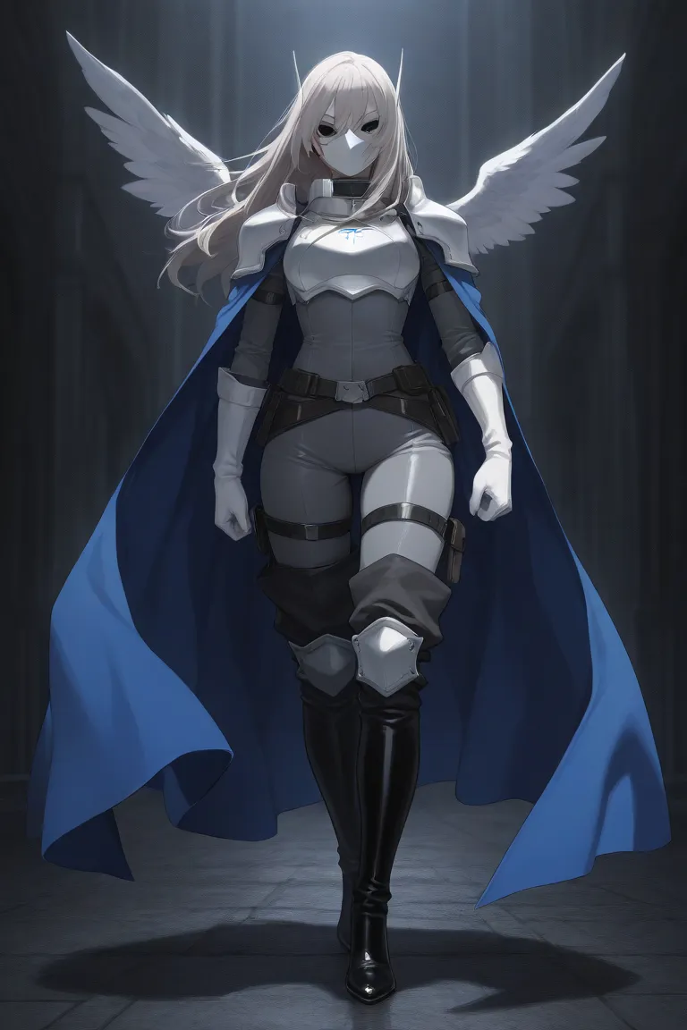 high resolution, masterpiece, necessary, detail, best quality, quality, necessary, details, High details, Precise, 
 
1girl_ ufotable style, ufotable anime

(Solo) faceless, mask covered face, white mask with black eyes, grey hair, long hair, blue long cap...