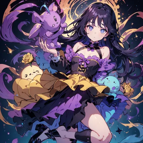 beauty、 purple and yellow gradient background、 black clothes 、 pretty face、baby face、((( detailed eyes 、 droopy eyes )))、  long sleeve with flared cuffs  、 Shoulder-Out、 one-piece flared skirt 、 holding a stuffed rabbit in one hand、black and light blue soc...