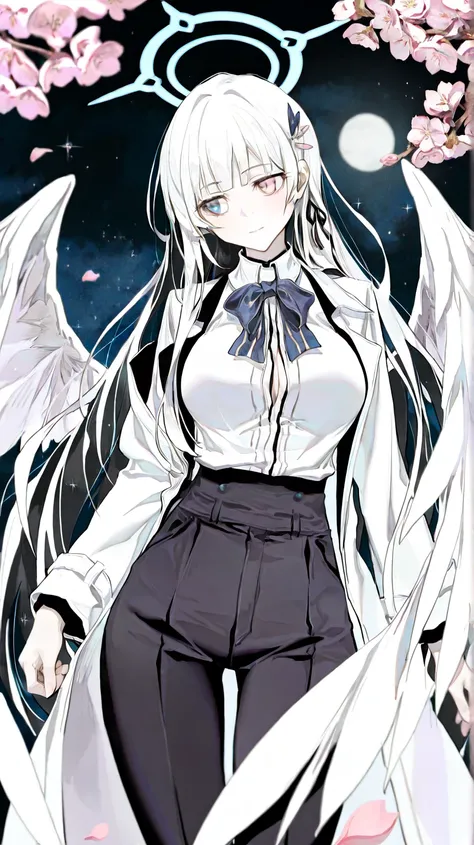 Her long hair was as white as the stars in the night, her two-colored eyes shone like there were endless dimensions, her clothes were clean and elegant, and her perfect attire gave off an uncontrollable sense of mystery and power. source_anime, Hitoimim, c...