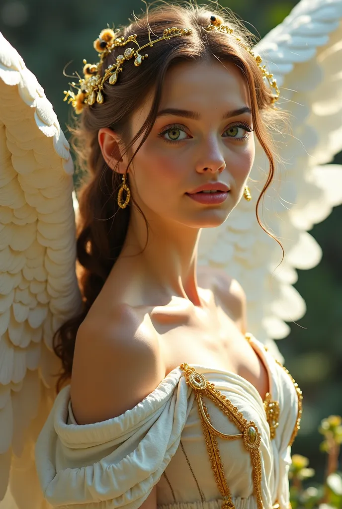 A beautiful and delicate woman,  with visibly fair skin,  green and sweet eyes,  surrounded by protective angels standing right behind her, the angels are behind her protecting her, they are strong bees with muscular bodies, they wear white and gold dresse...